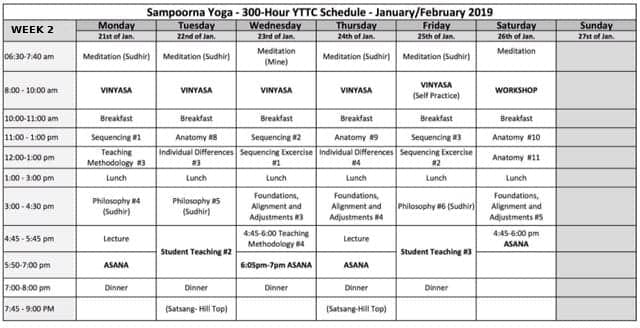 300 Hour Yoga Teacher Training Week 2 Time Table